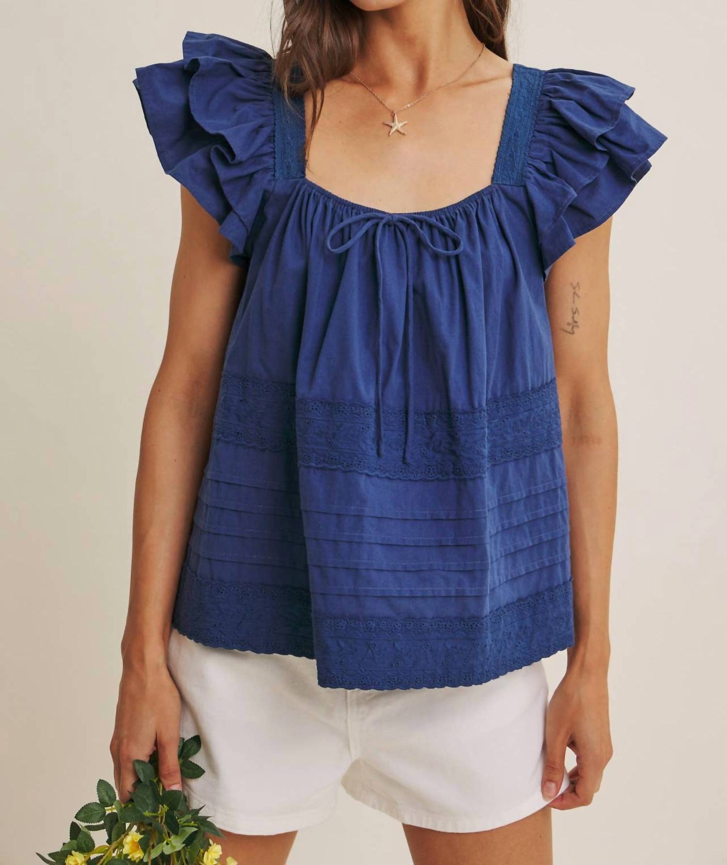 In February - Cotton Poplin Ruffle Sleeve Top