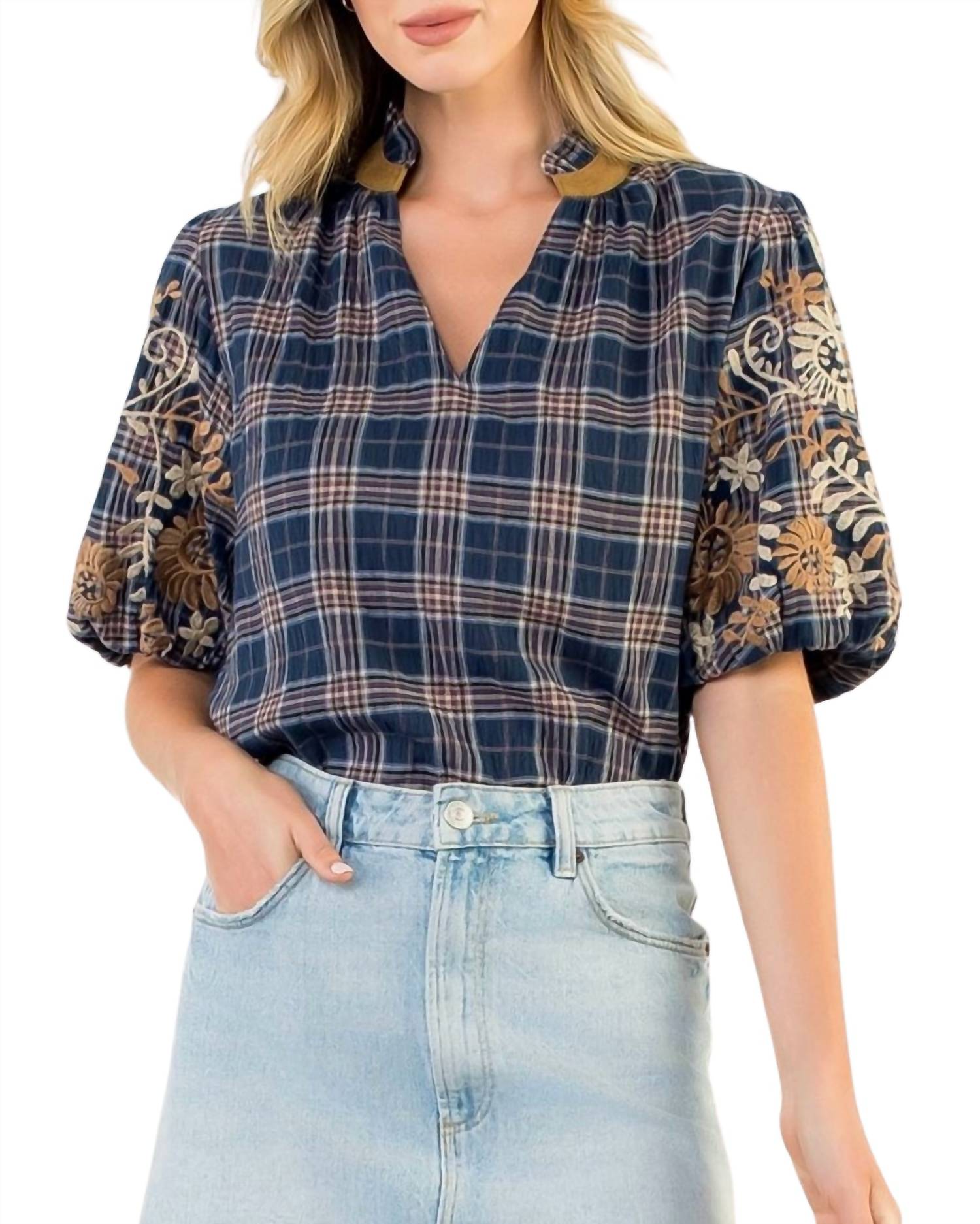Thml - Embroidered Puff Sleeve Gingham Top