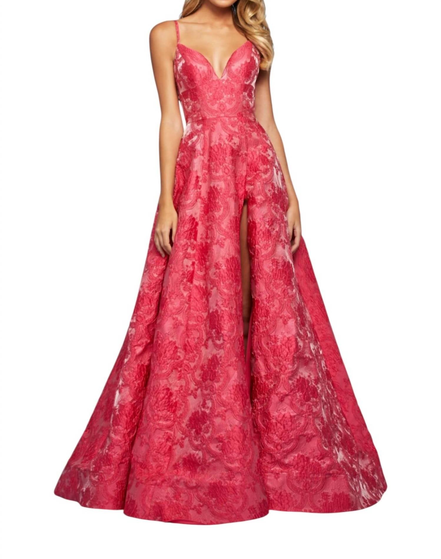 Sherri Hill High Slit Lace-up Prom Dress in fuchsia - women's dress - detail view