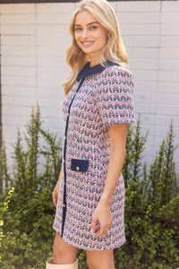 Voy - Full Button Down Contrast Collared Tweed Dress