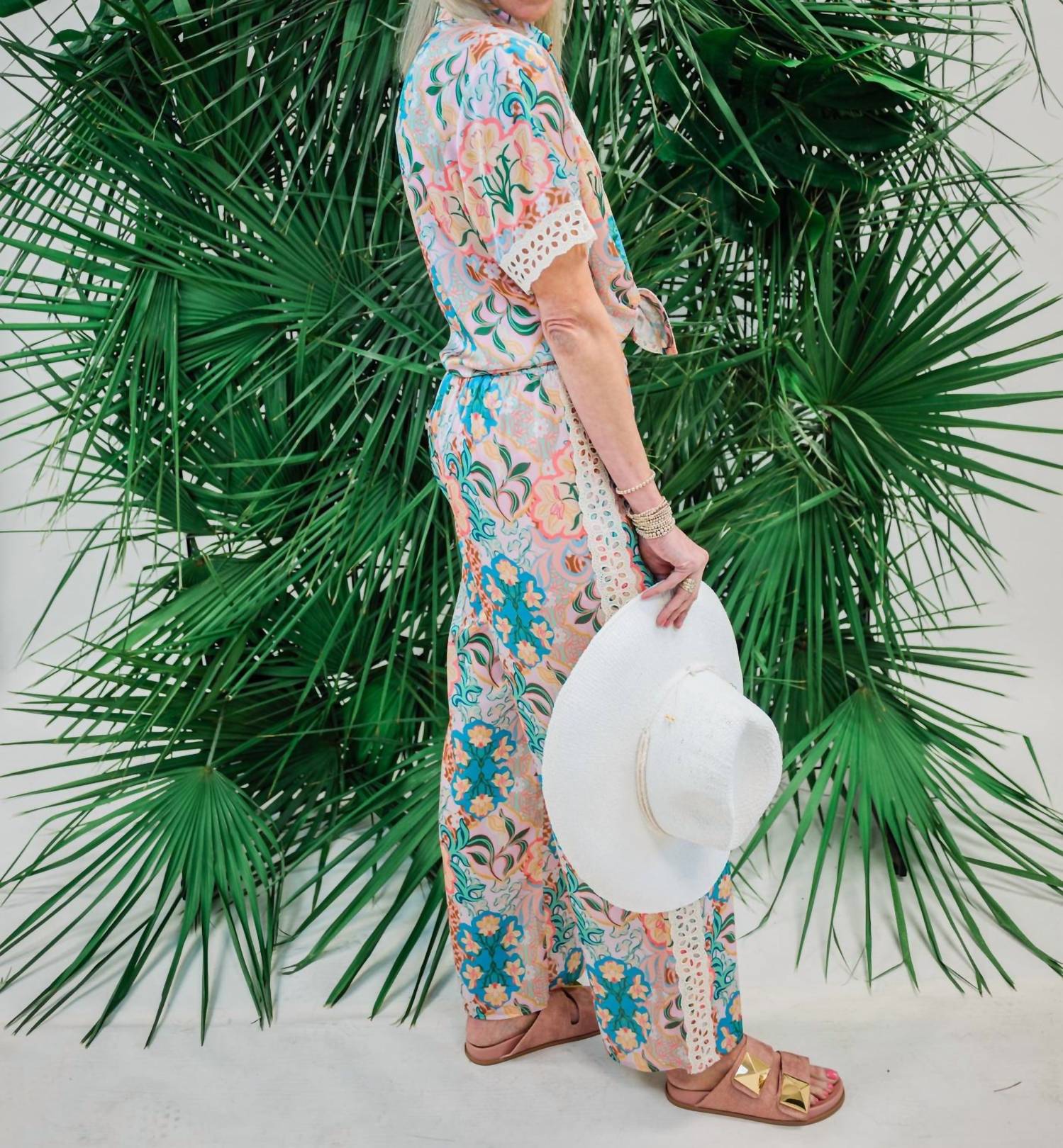 Strut & Bolt Seychelles Print Satin Shirt And Pants Set in multi - women's sleepwear - detail view