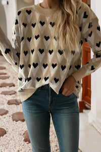 Little Daisy Closet - Geometric Heart Print Ribbed Trim Loose Sweater