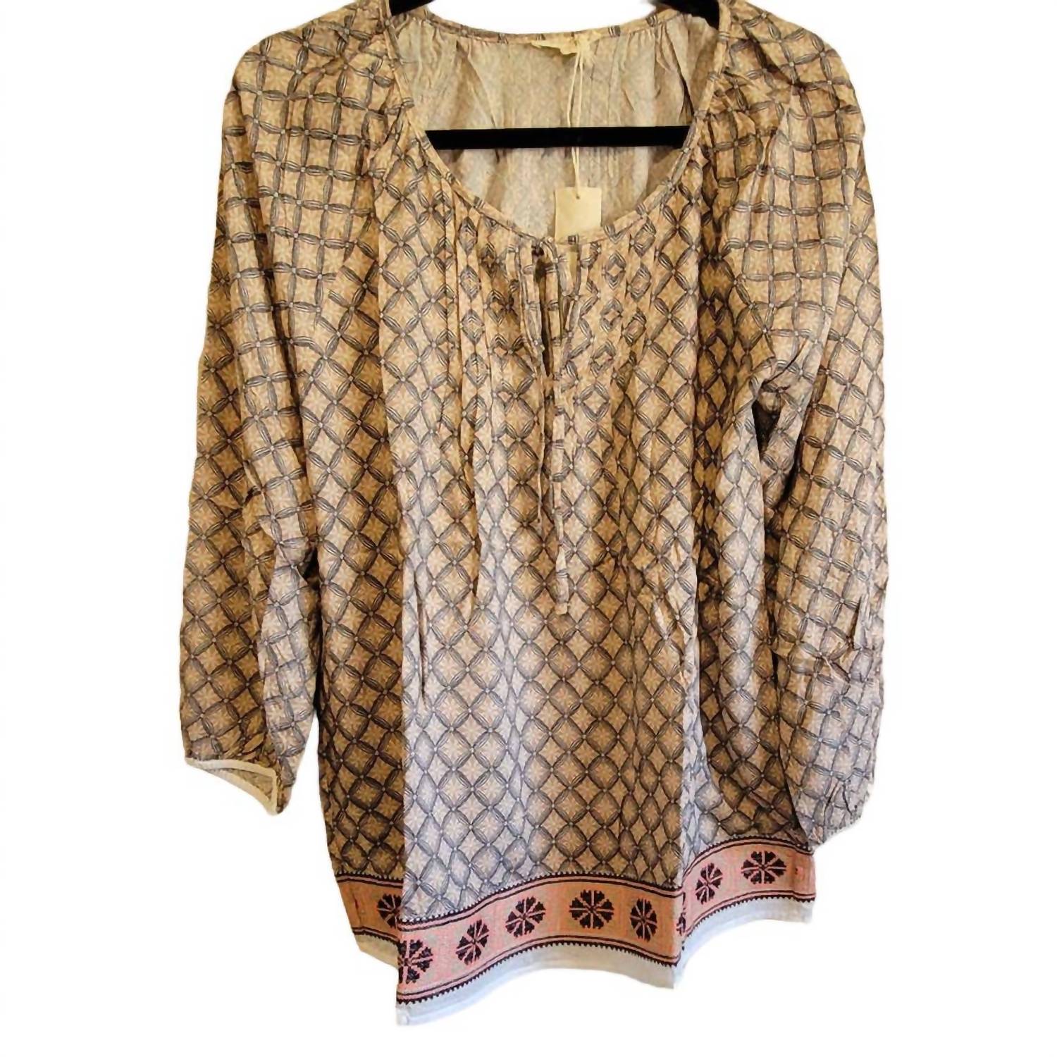Mystree - Boho Embroidered Border Gathered Sleeves Tunic Top