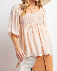Easel Blushing Babydoll Top in beige - women's blouse - detail view