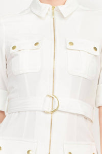 Sharagano - Collared Short Sleeve Zipper Front Belted Dress