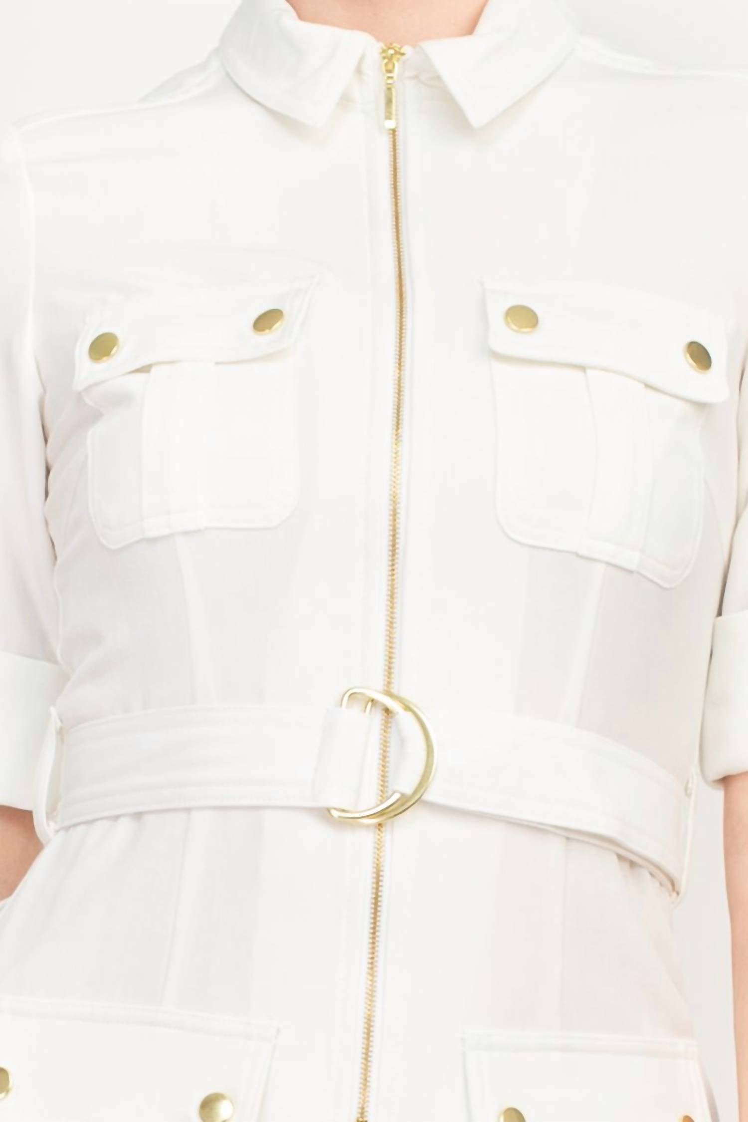 Sharagano - Collared Short Sleeve Zipper Front Belted Dress