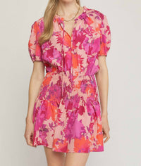 entro Floral Smocked Waist Dress in peach - women's dress