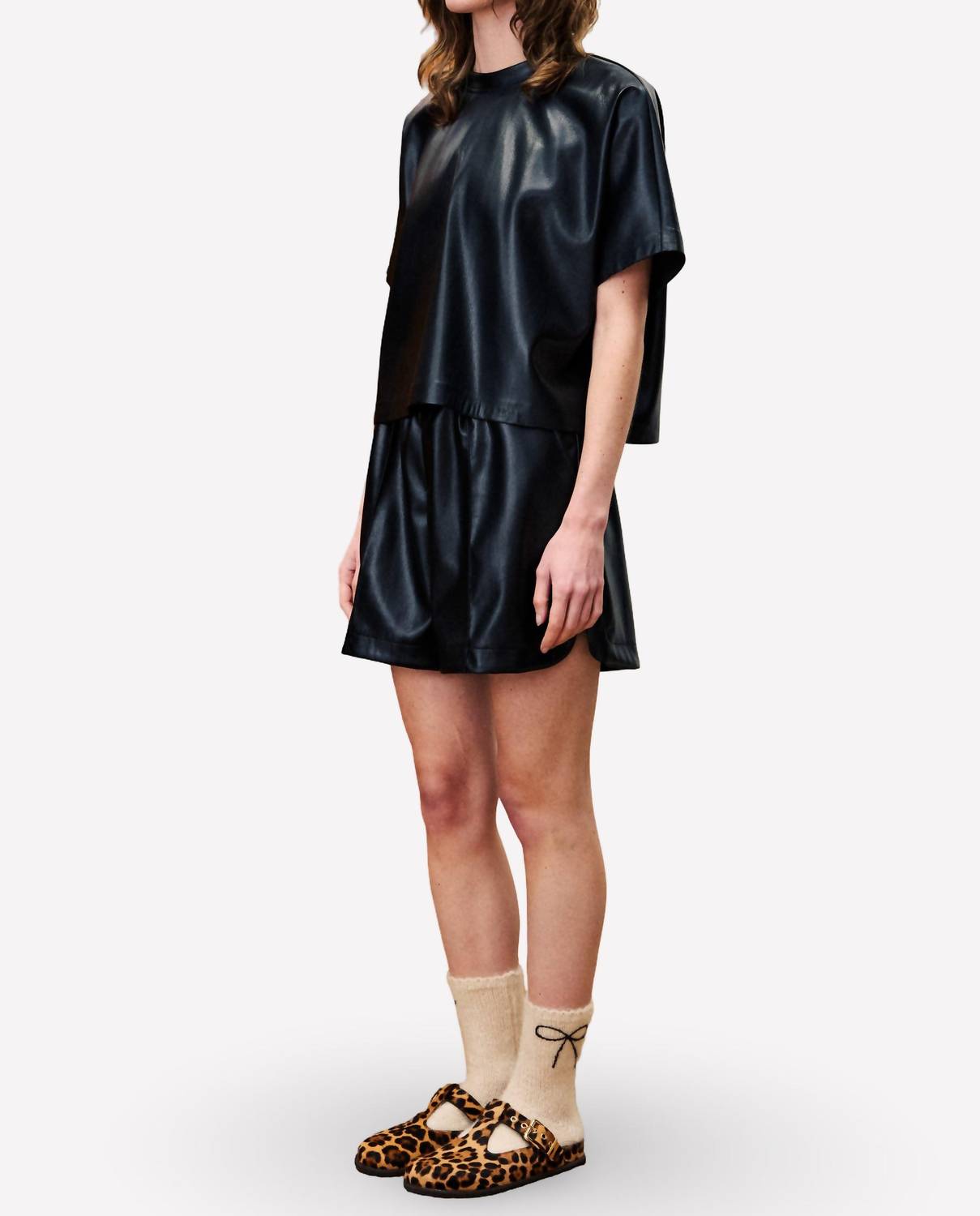FRNCH Bazin Faux Leather Top in noir - women's blouse - alternate view