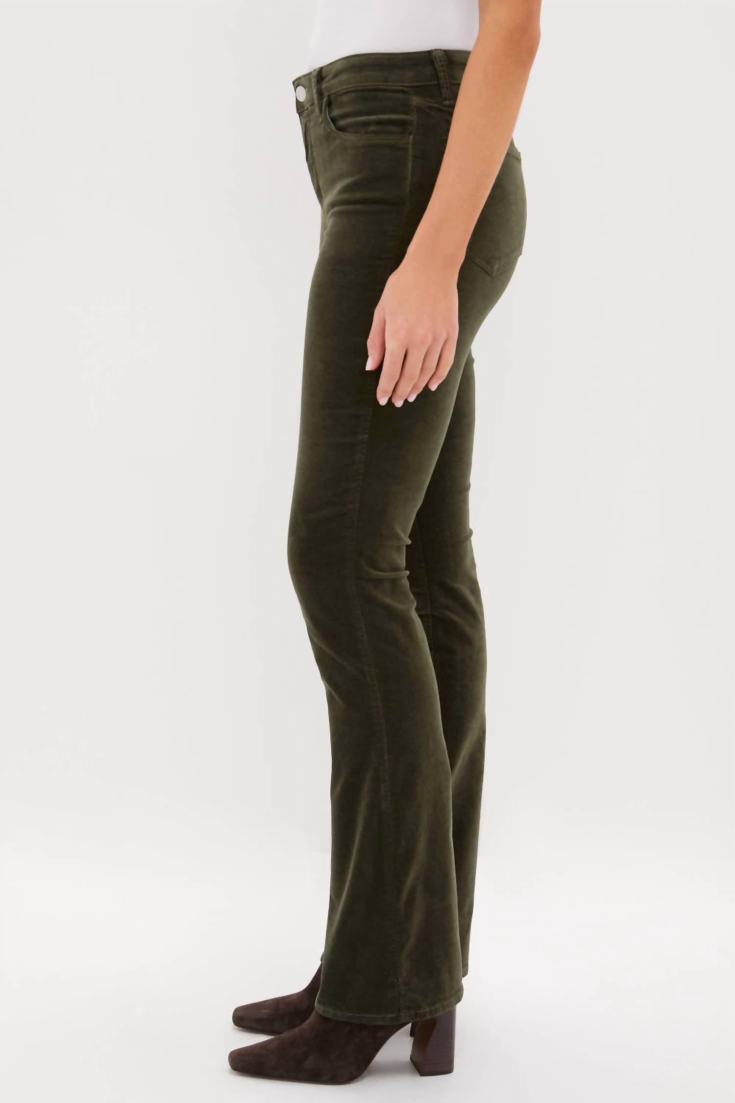 L'Agence Stevie High-rise Straight-leg Jeans in deep olive velvet - women's jeans - detail view