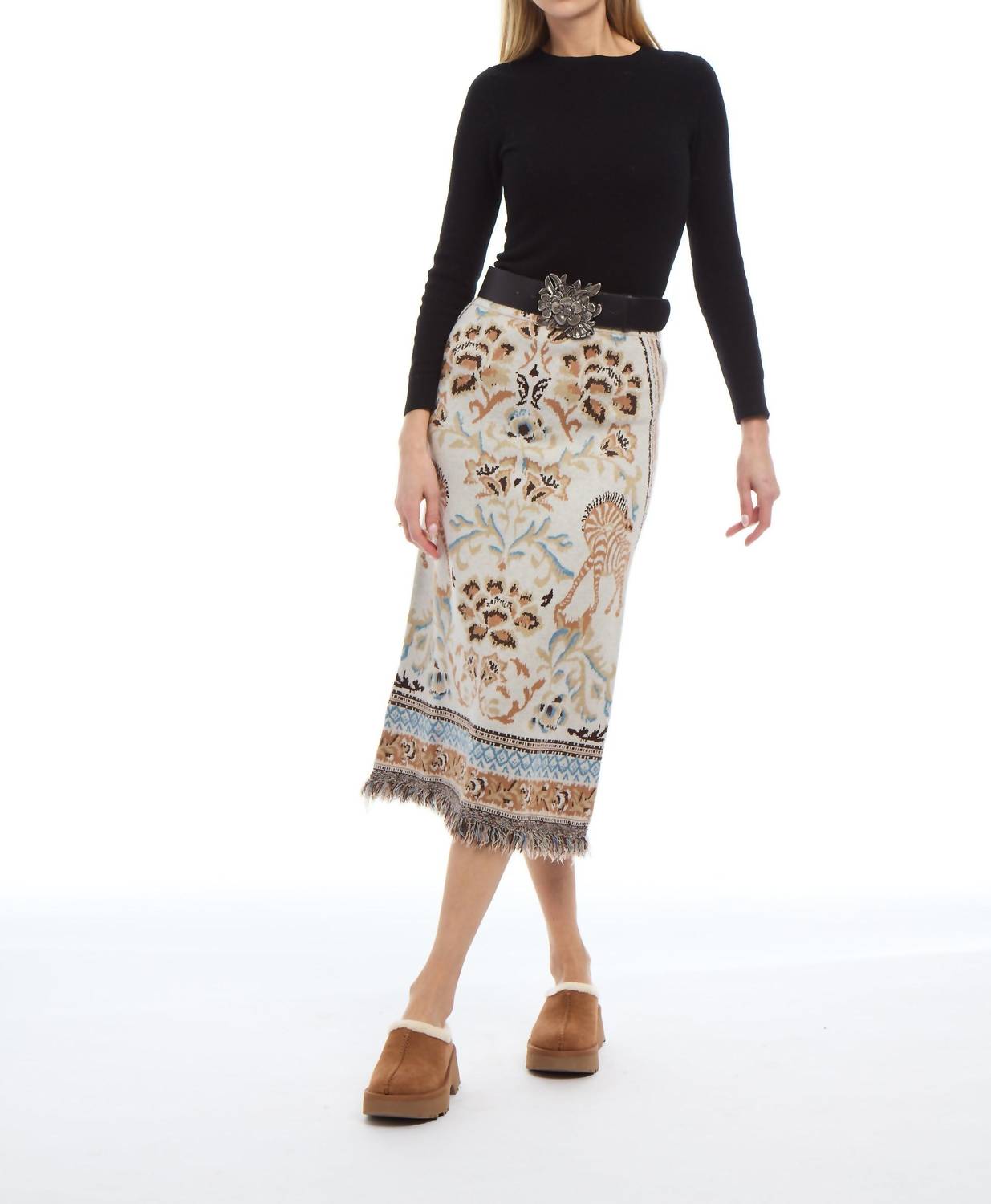 PATTY KIM Women's Camille Knit Fringe Skirt in ecru jacquard - women's skirt