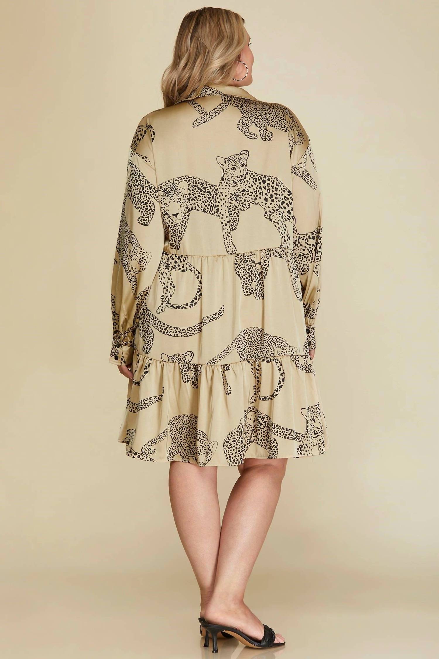 Vanilla Monkey - Woven Cheetah Print Collared Tiered Dress - Plus