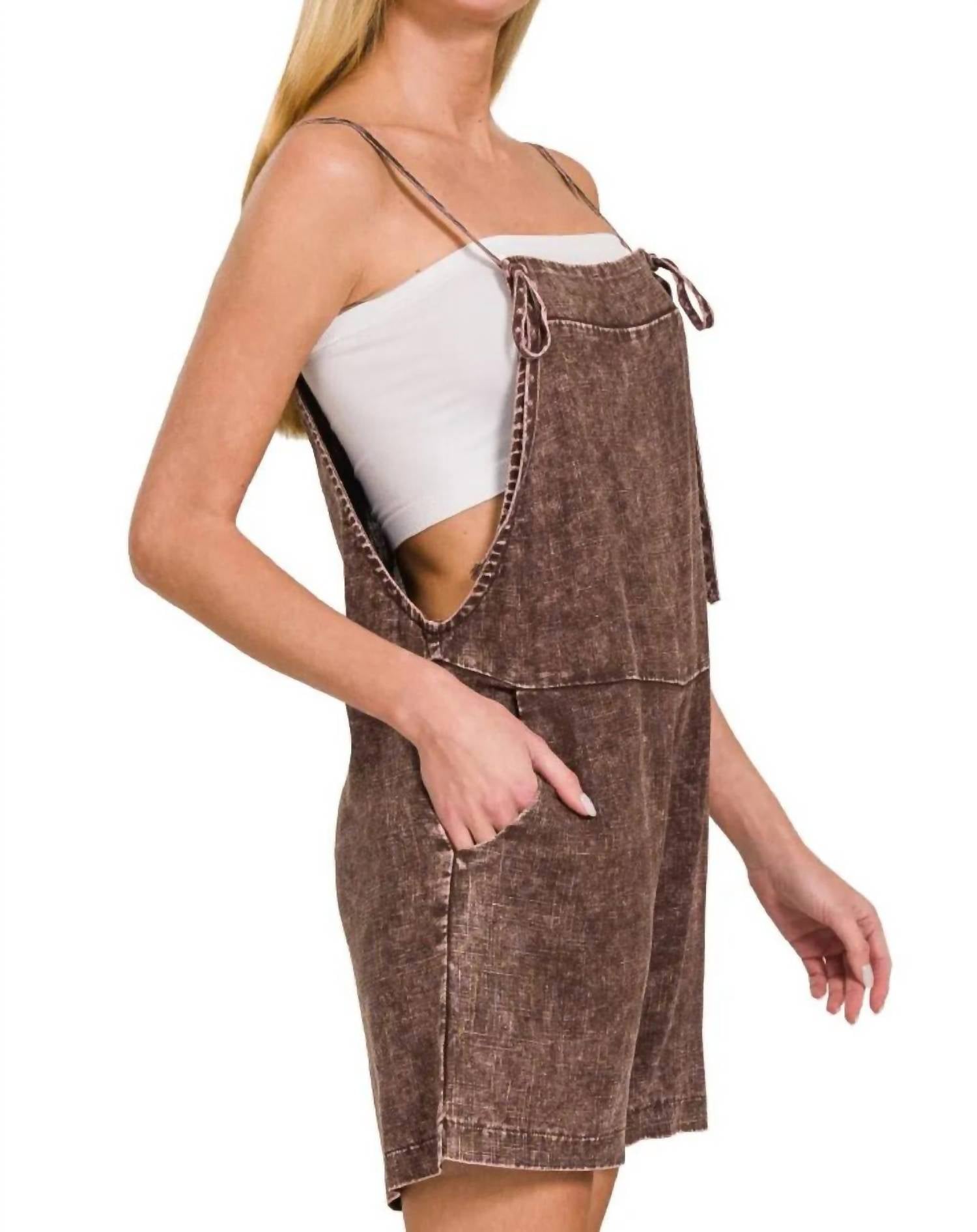 Zenana - Washed Linen Knot Strap Rompers
