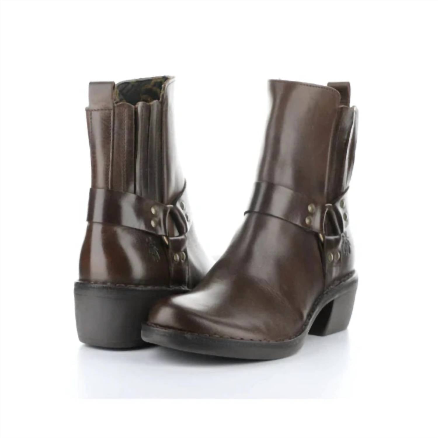 FLY LONDON Women's Mebi Block Heel Boots in dark brown - women's shoe - detail view