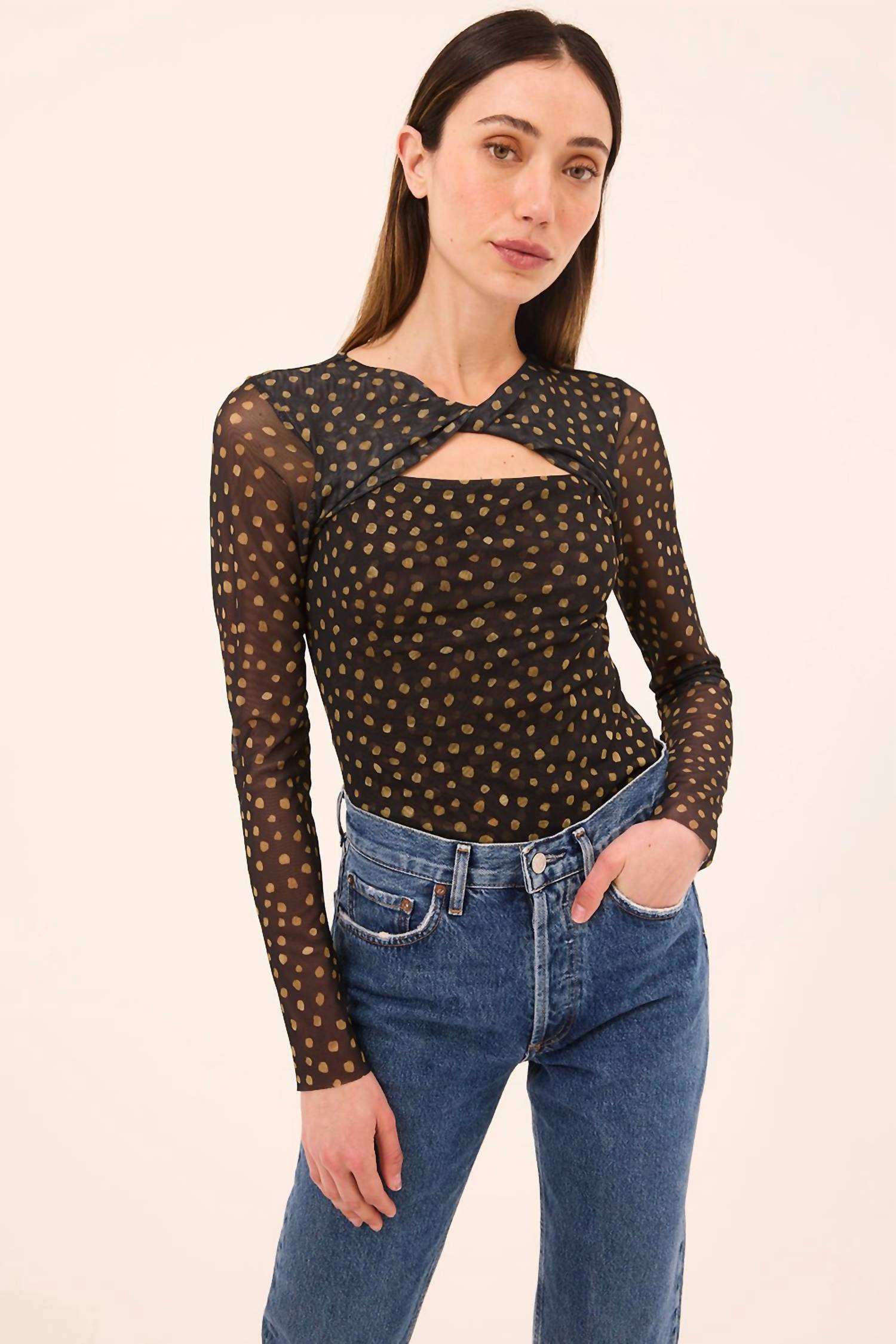 Misa Los Angeles Neriah Mesh Top in golden polka dot - women's blouse - alternate view