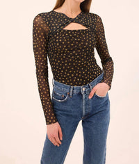 Misa Los Angeles Neriah Mesh Top in golden polka dot - women's blouse - detail view