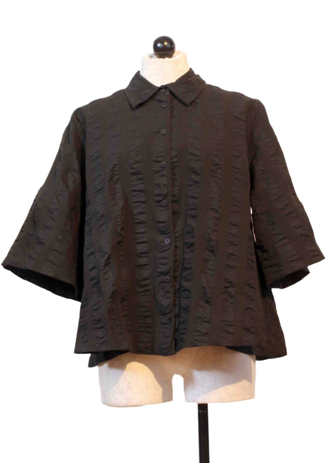 Baci - Women's Crinkle Stripe Flared Short Sleeve Blouse