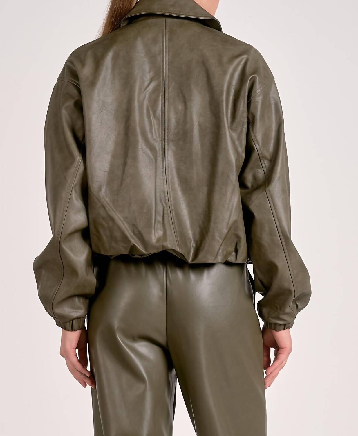 ELAN Classic Bomber Leather Jacket in pine green - women's jacket - detail view
