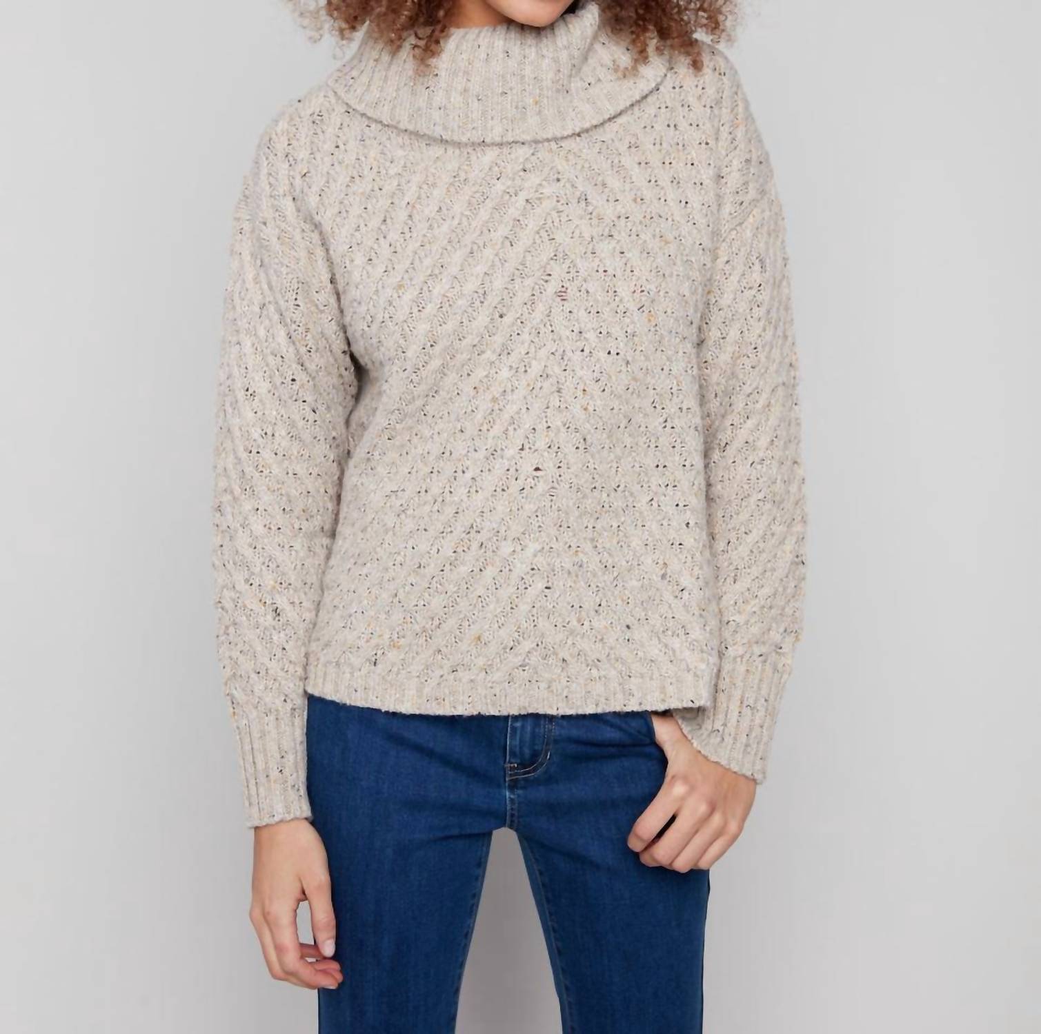 Charlie B - Cowl Neck Diagonal Cable Sweater