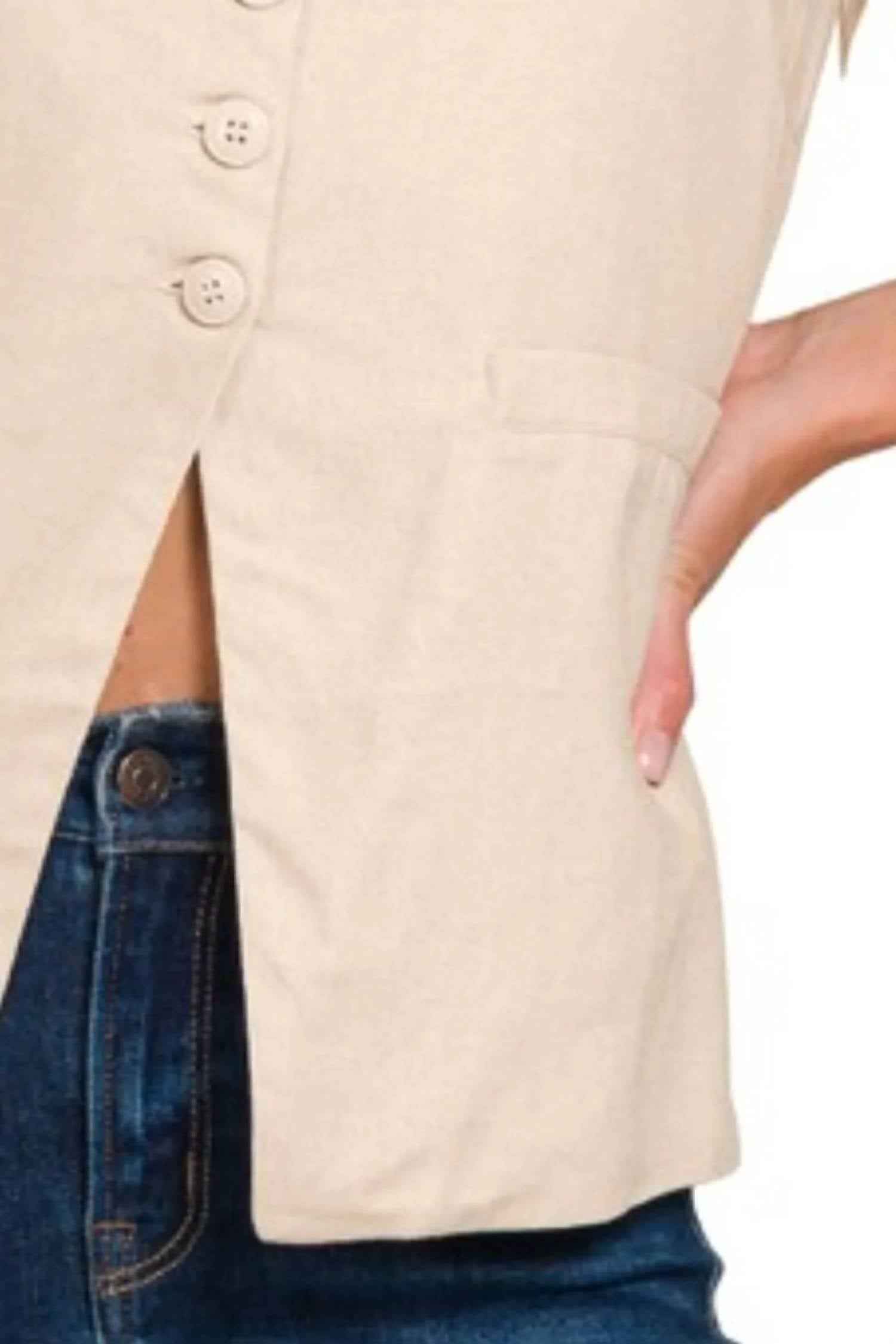 Zenana - Linen Tie-back 4-button Vest With Lining