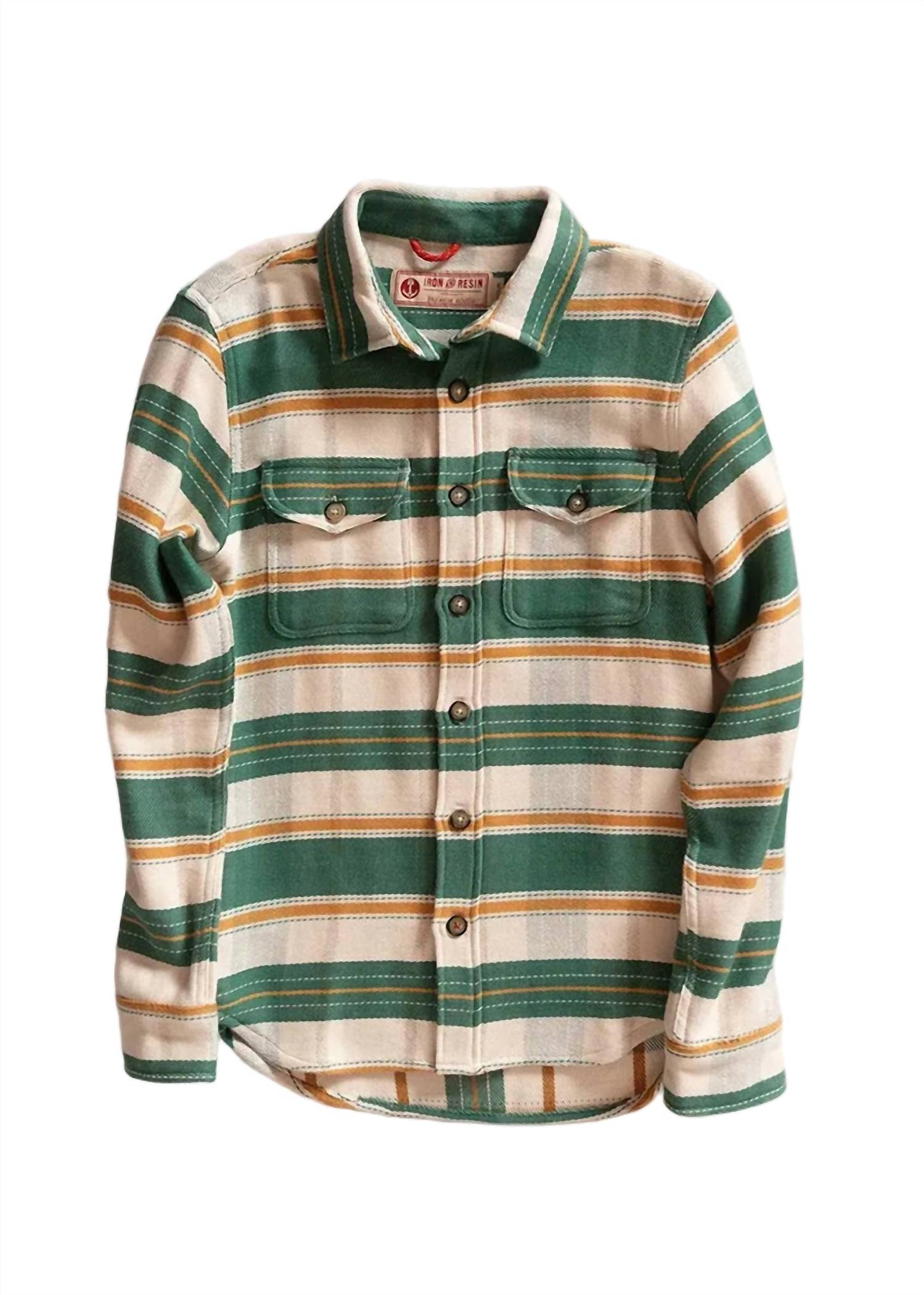 Iron & Resin Lotus Heavyweight Cotton Shirt in green - men's long sleeve top - detail view