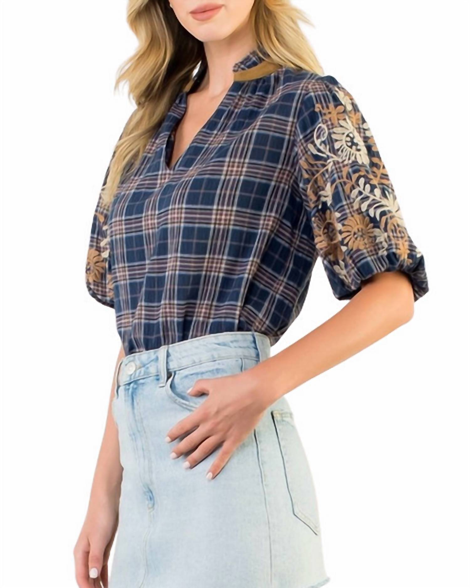 Thml - Embroidered Puff Sleeve Gingham Top