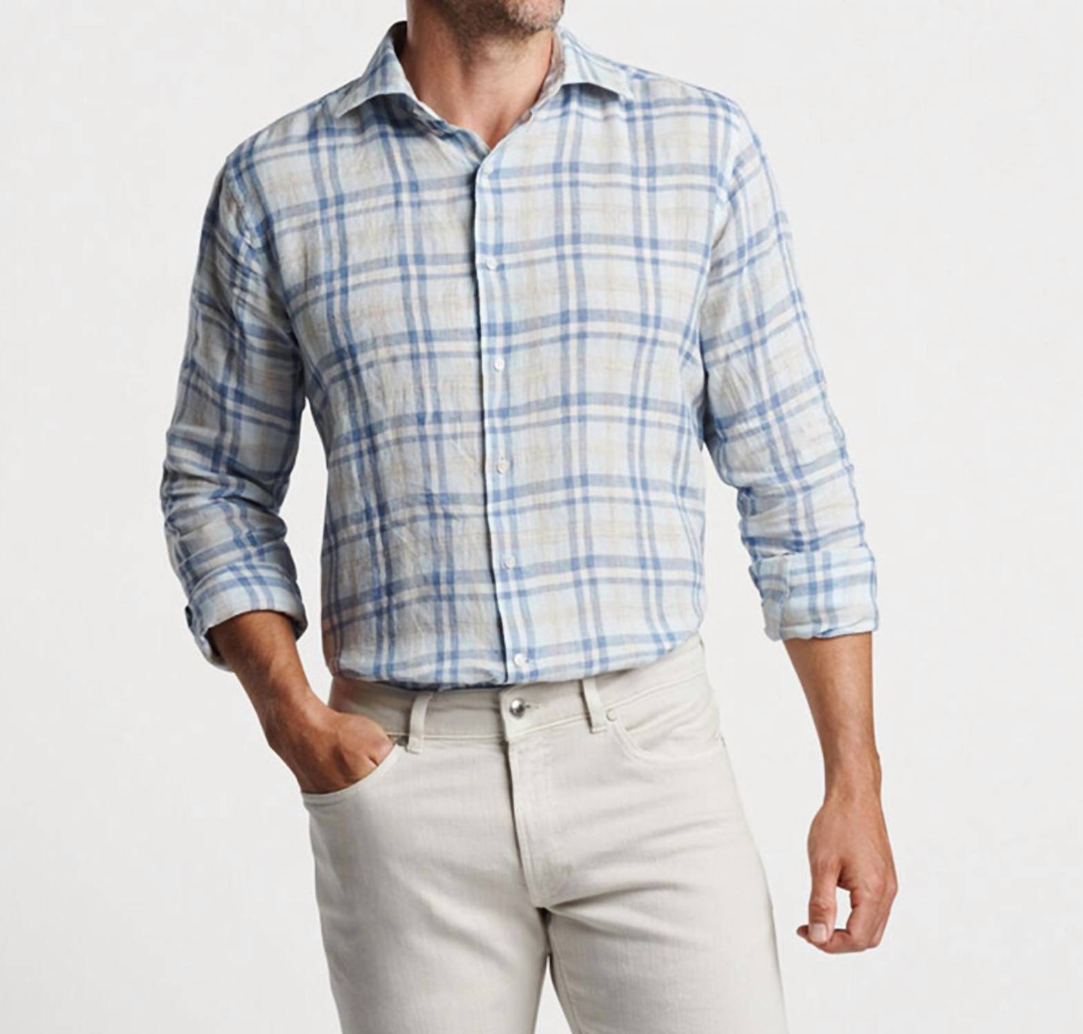 PETER MILLAR Emil Linen Shirt in blue frost - men's long sleeve top