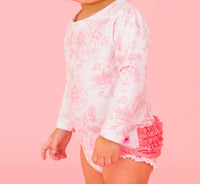 Rufflebutts - Butterfly Garden Toile Long Sleeve One Piece Ruffle Rash Guard Swimsuit