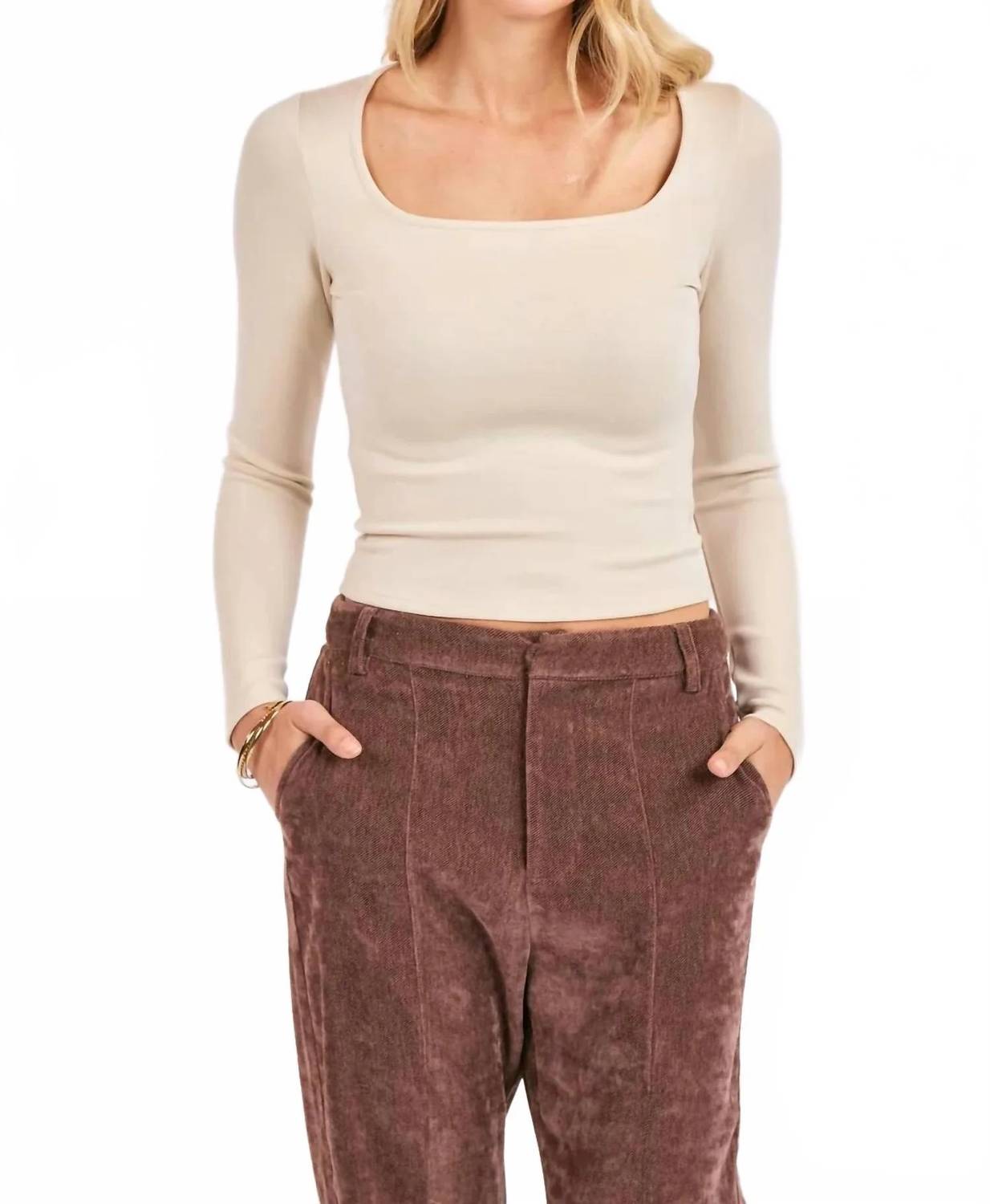 Sadie & Sage Square Neck Long Sleeve Top in cream - women's long sleeve top