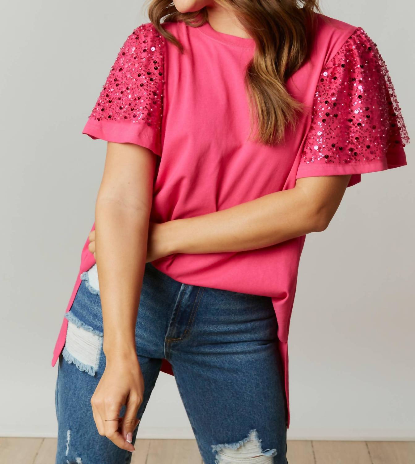 Fantastic Fawn - Oversized Sequin Sleeve Knit Tee