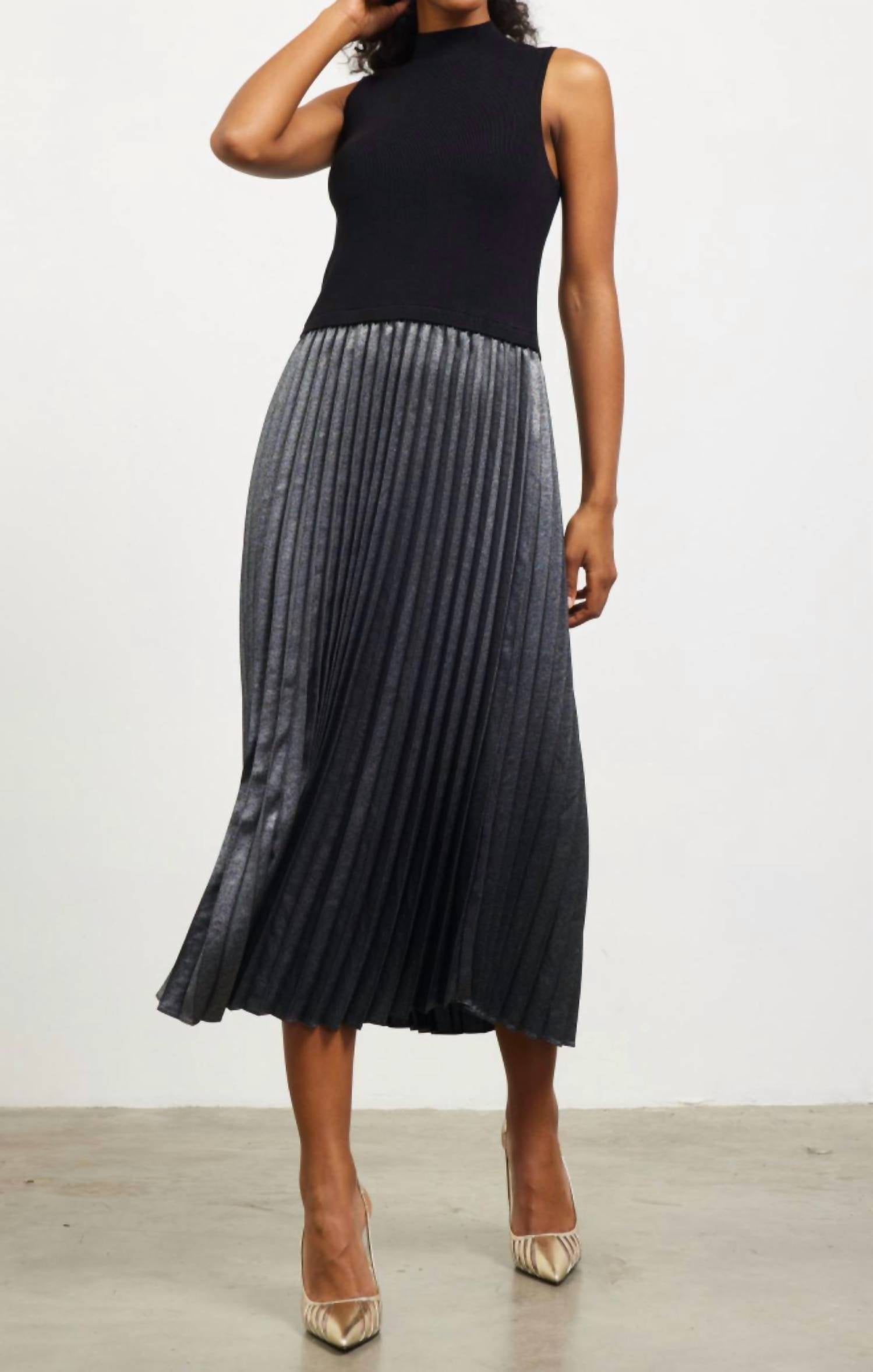 Skies Are Blue - Pleated Contrast Mock Neck Dress