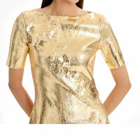 Oscar de la Renta Short Sleeve Foil Lace Embroidered Knit Dress in gold - women's dress - view 4