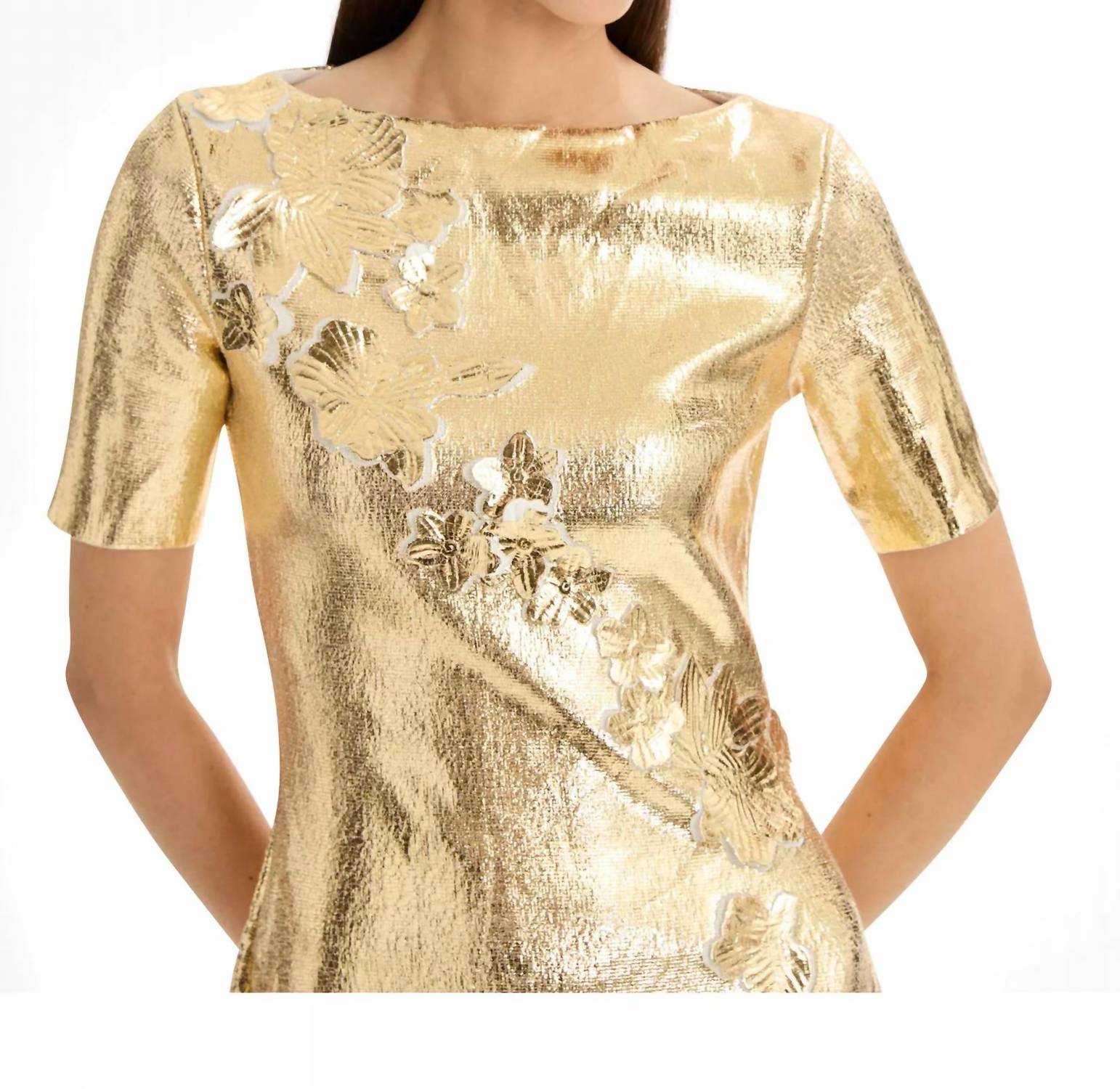 Oscar de la Renta Short Sleeve Foil Lace Embroidered Knit Dress in gold - women's dress - view 4