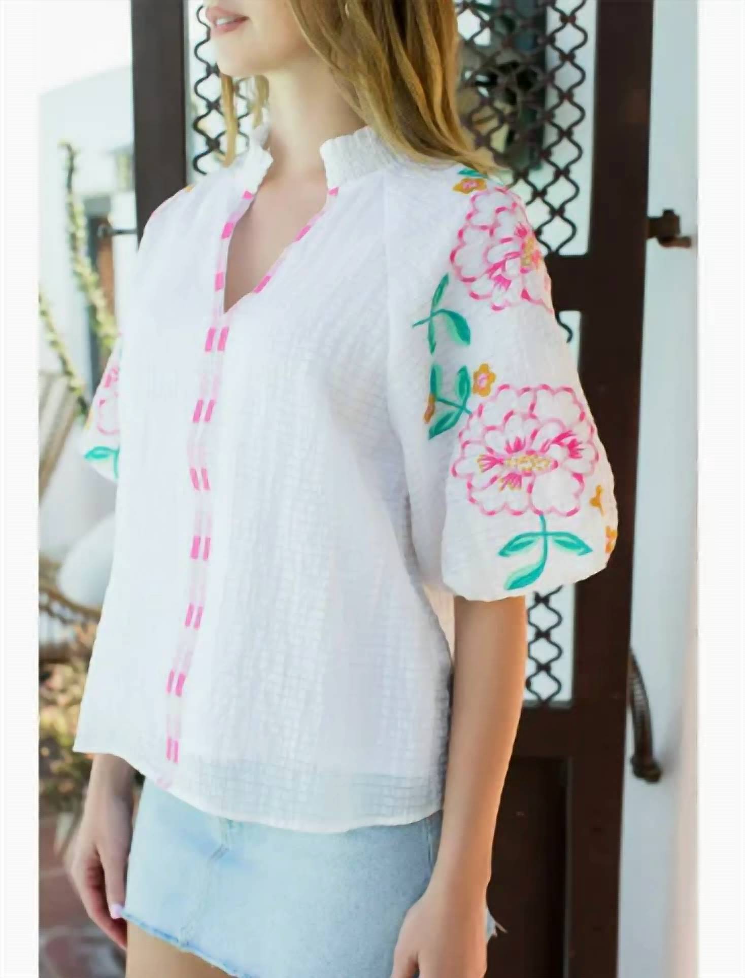 Thml - Embroidered Puff Sleeve Textured Top