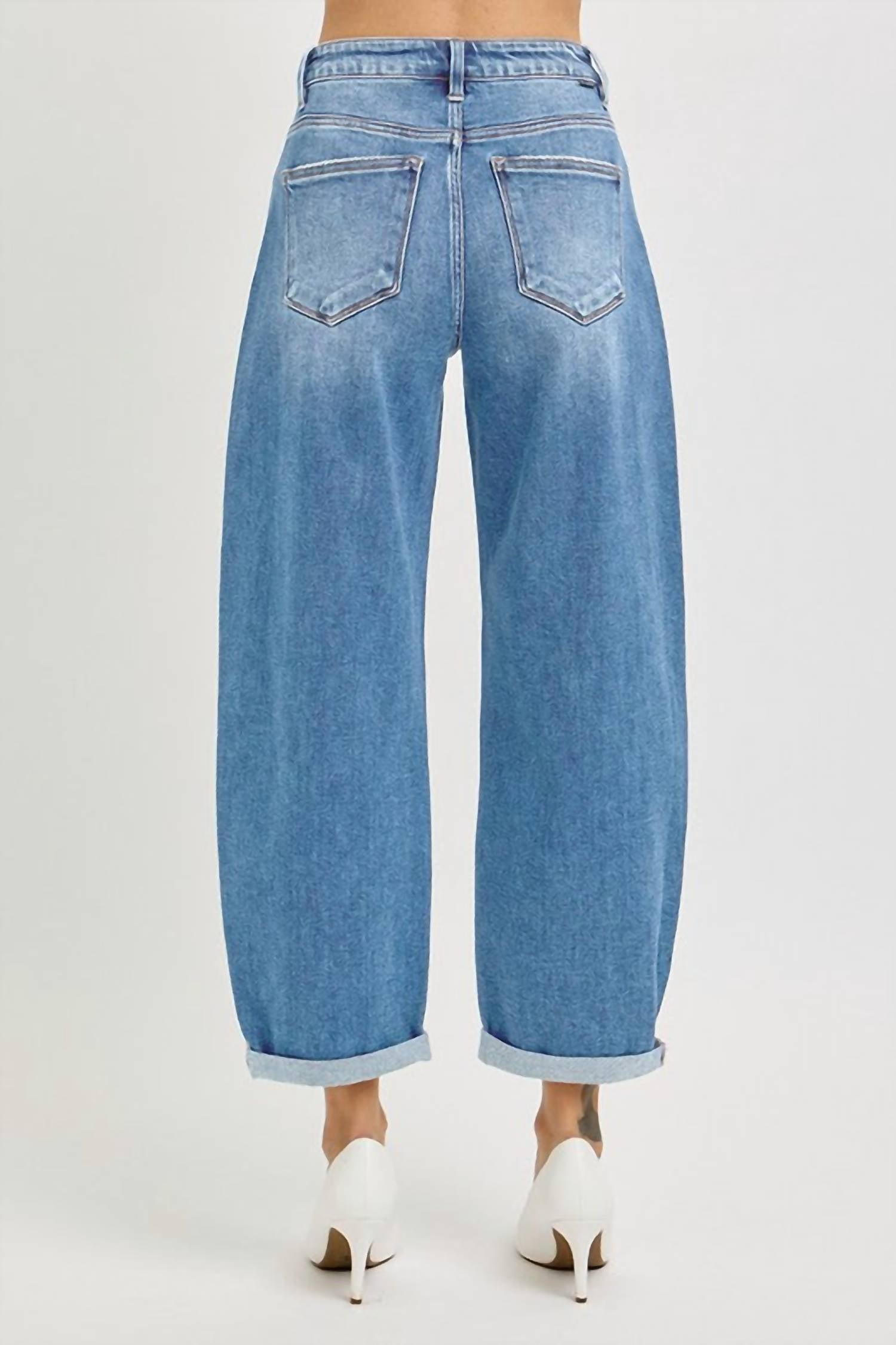 RISEN High Rise Crop Cuffed Barrel Jean in light blue - women's jeans - detail view