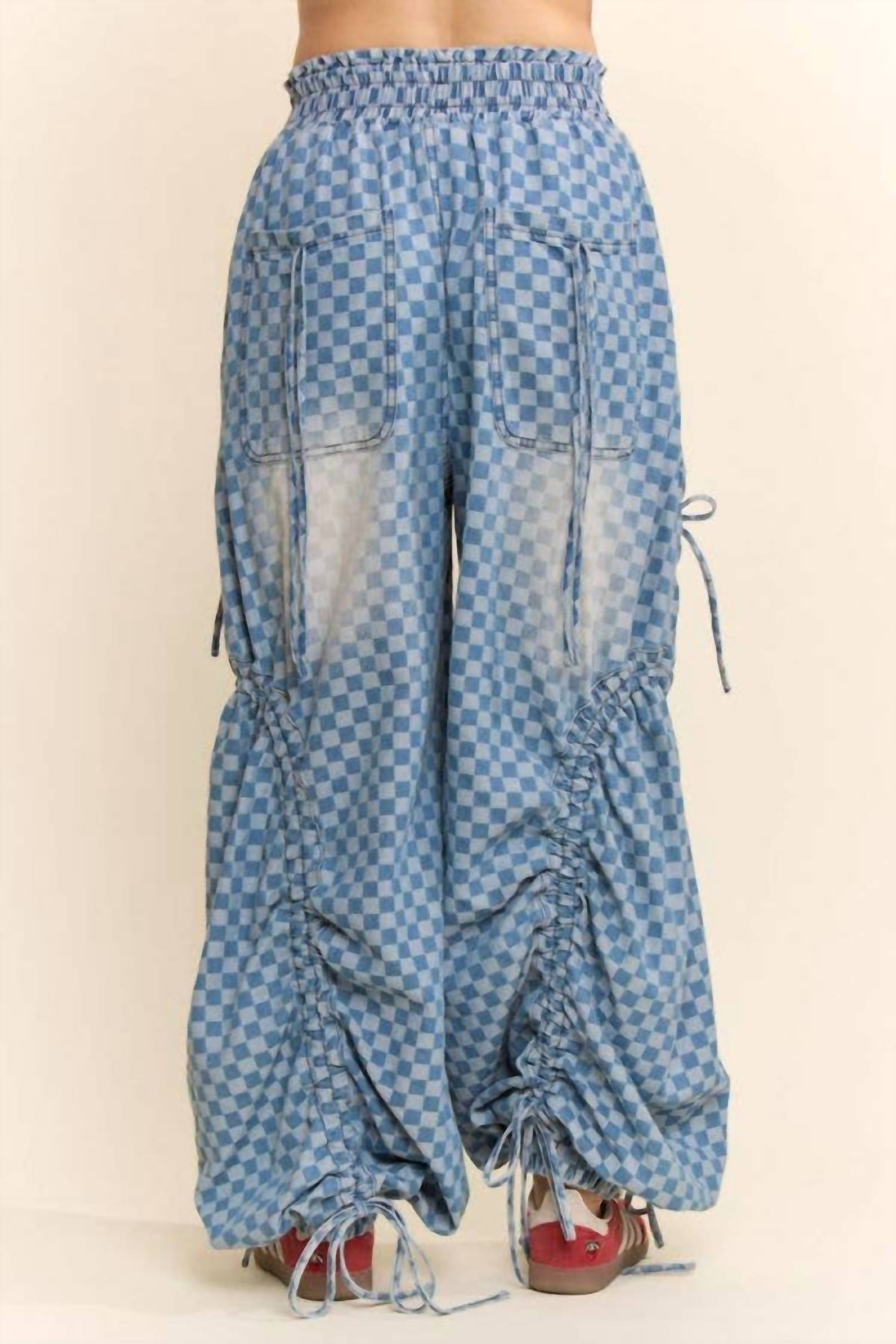 Davi & Dani - Women's Checkerboard Ribbon-ruched Parachute Pants