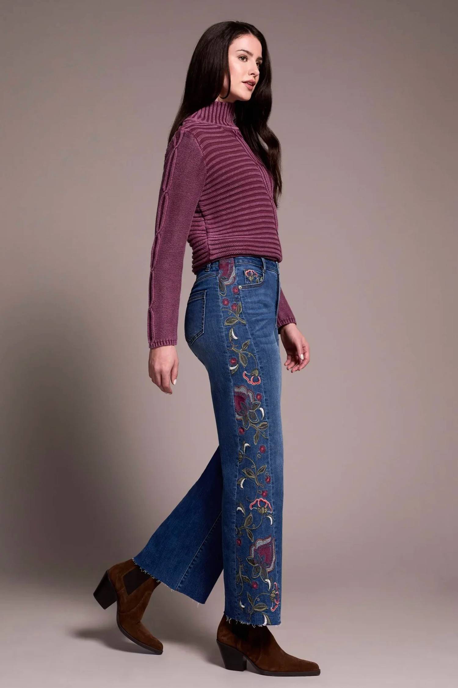 Tribal - Brooke High Rise Embroidered Wide Leg Jeans