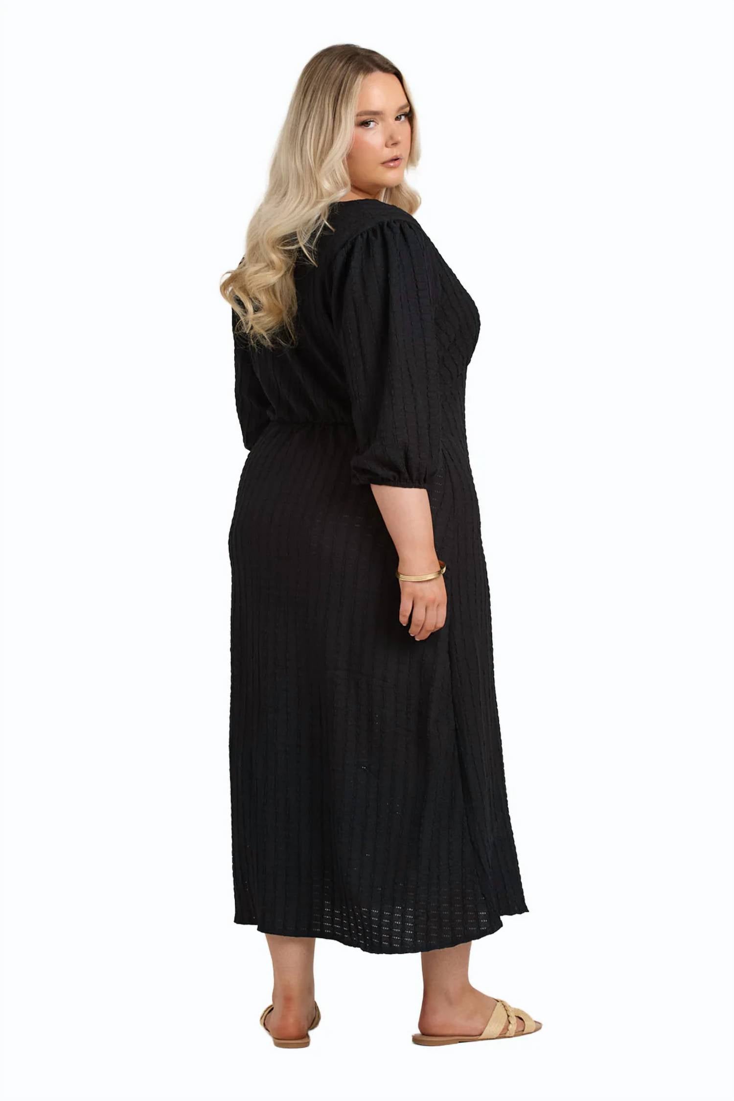 Fashion Szn Curve - Balloon Sleeve Button Front Midi Dress - Plus