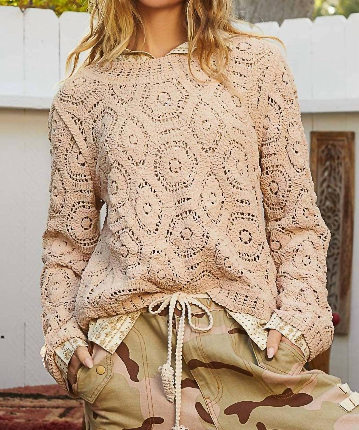 Pol - Round Neck Open Knit Crochet Sweater