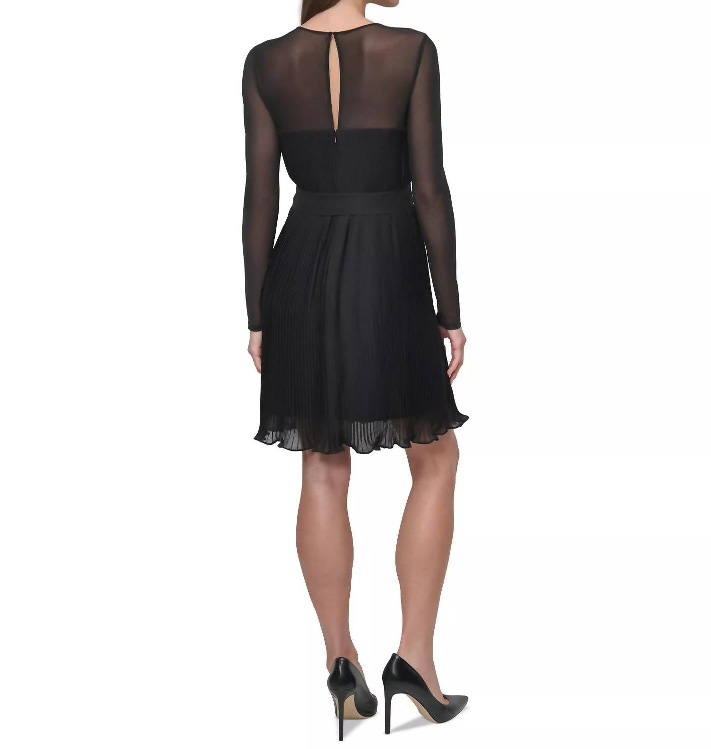 DKNY Jewel-neck Belted A-line Pleated Mesh Dress in black - women's dress - alternate view
