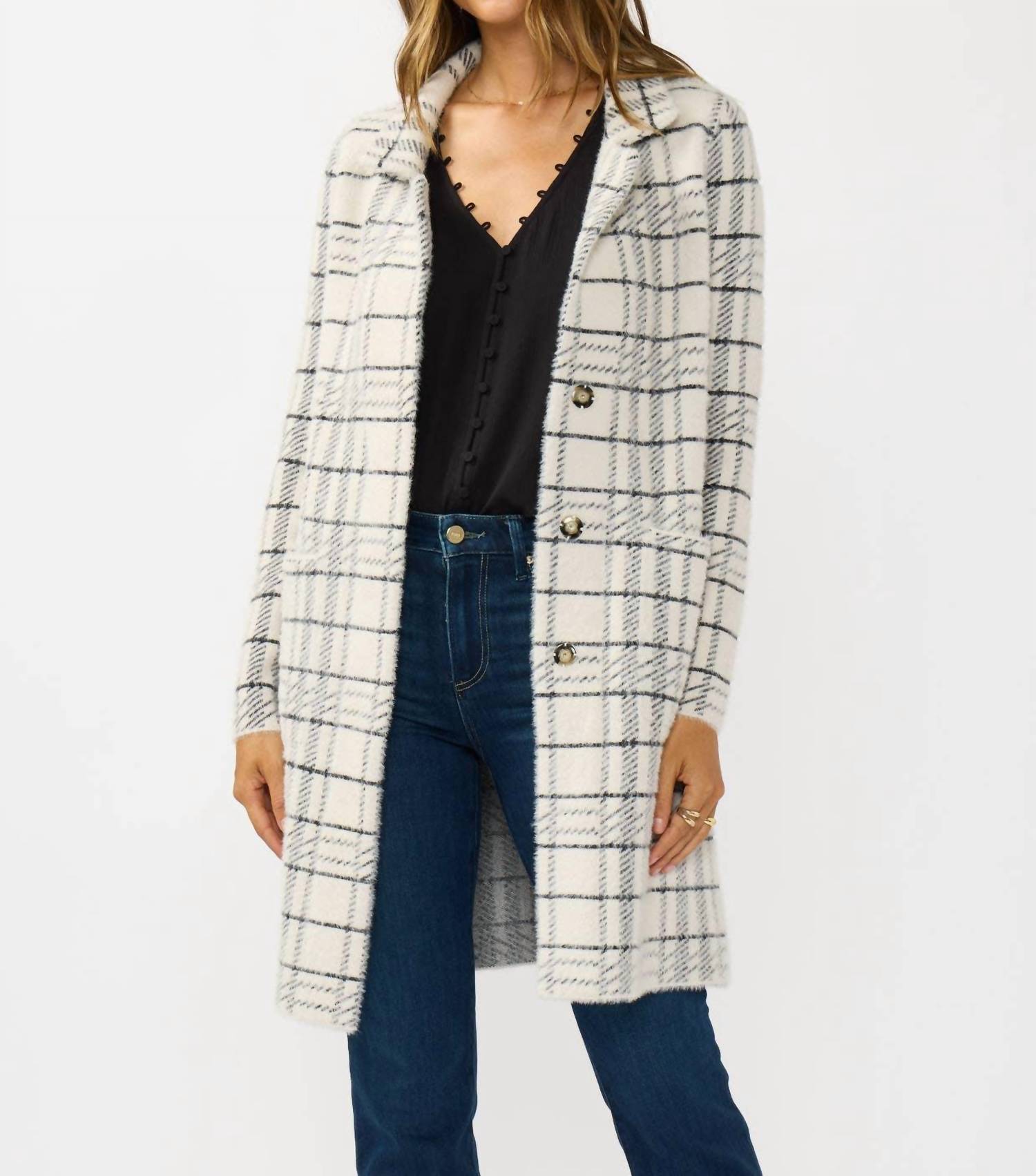 Lovestitch - Plaid Notched Collar Button Front Cardigan