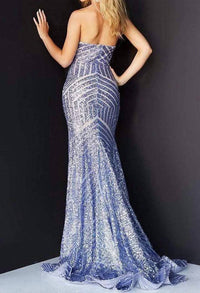 Jovani - Chevron Sequin Strapless High Slit Gown