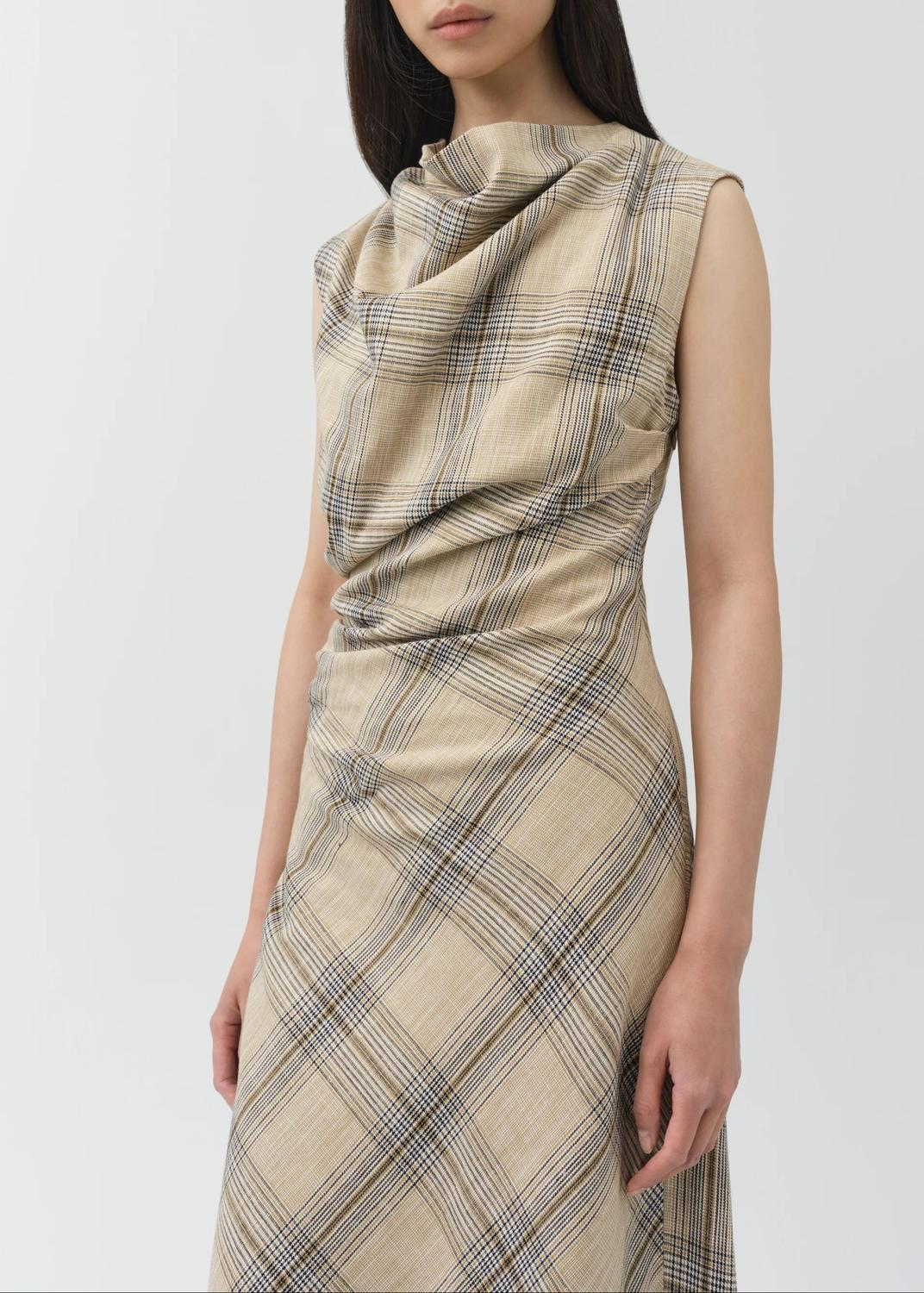 SIMKHAI Burke Draped Midi Dress in rattan plaid - women's dress - alternate view
