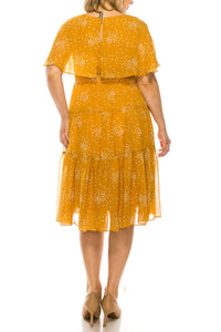 Maison Tara - Dot Print Sleeveless Cape Tiered A-line Midi Dress