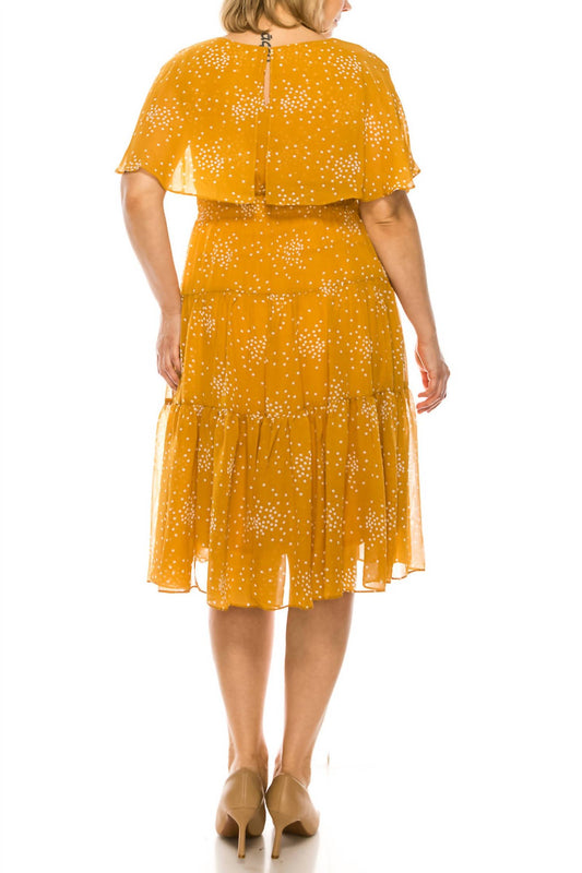 Maison Tara - Dot Print Sleeveless Cape Tiered A-line Midi Dress