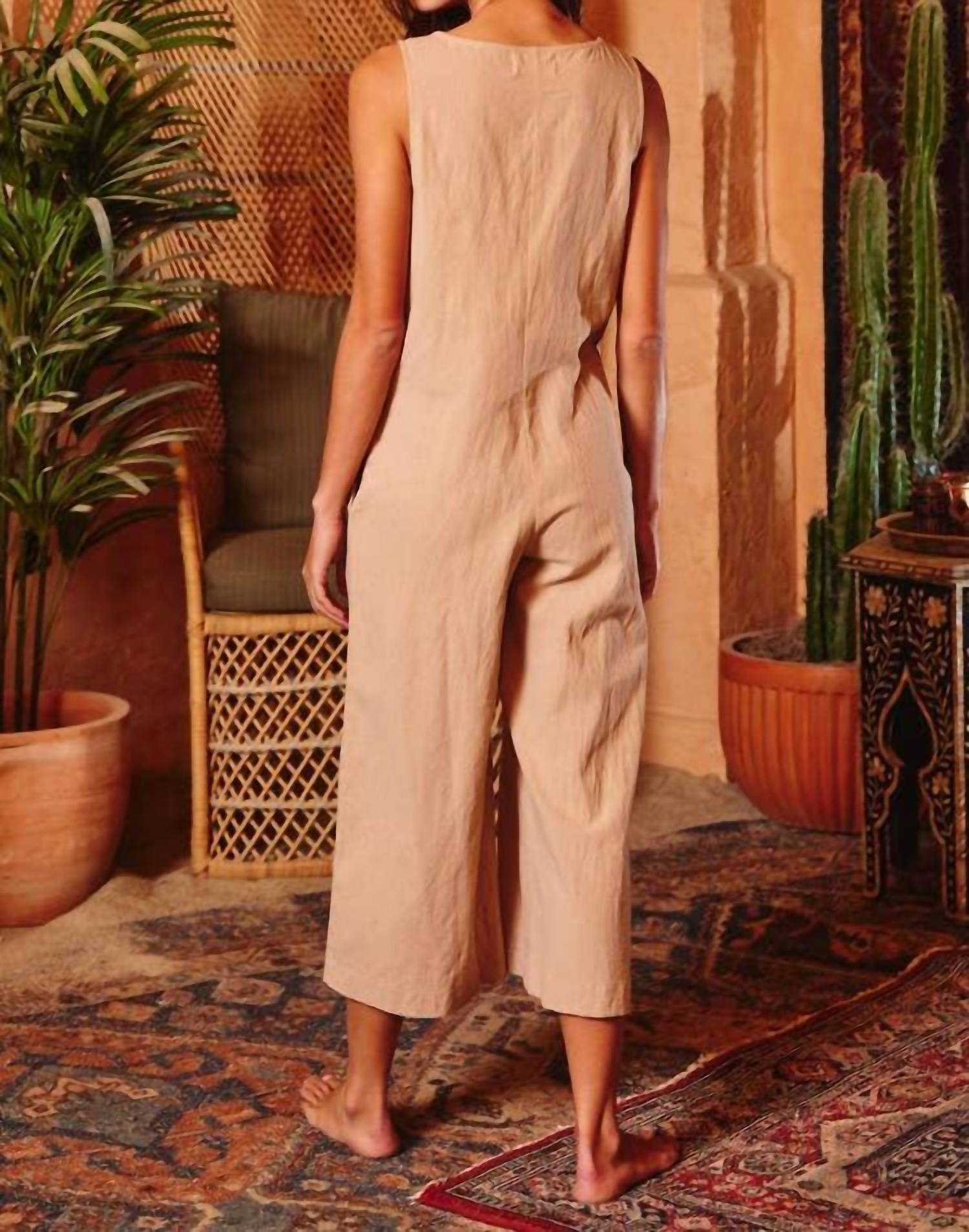 Bucketlist - V-neck Button-up Wide Leg Solid Jumpsuit