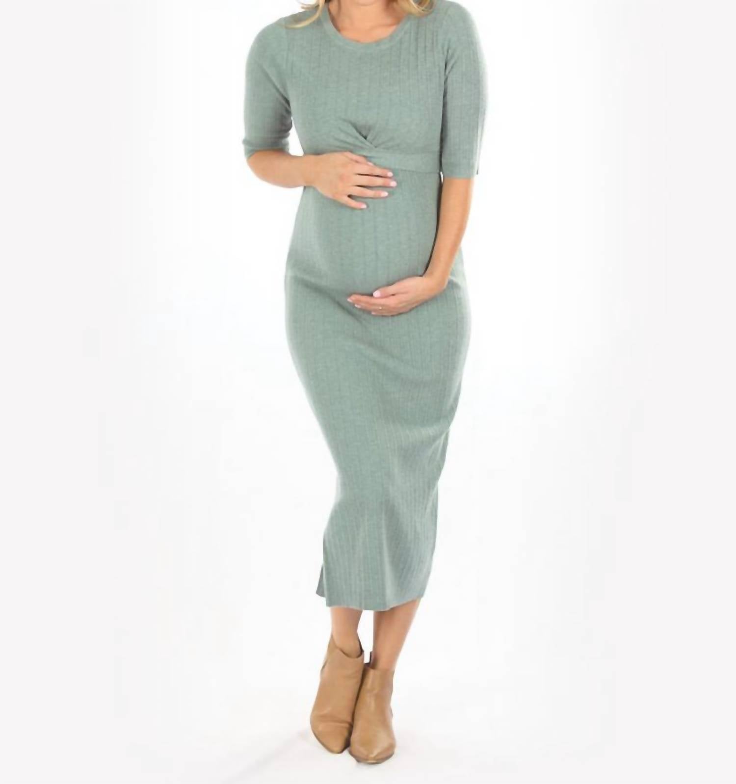 Angel Maternity Wool Knit Maternity Midi Dress in sage green - women's dress - alternate view