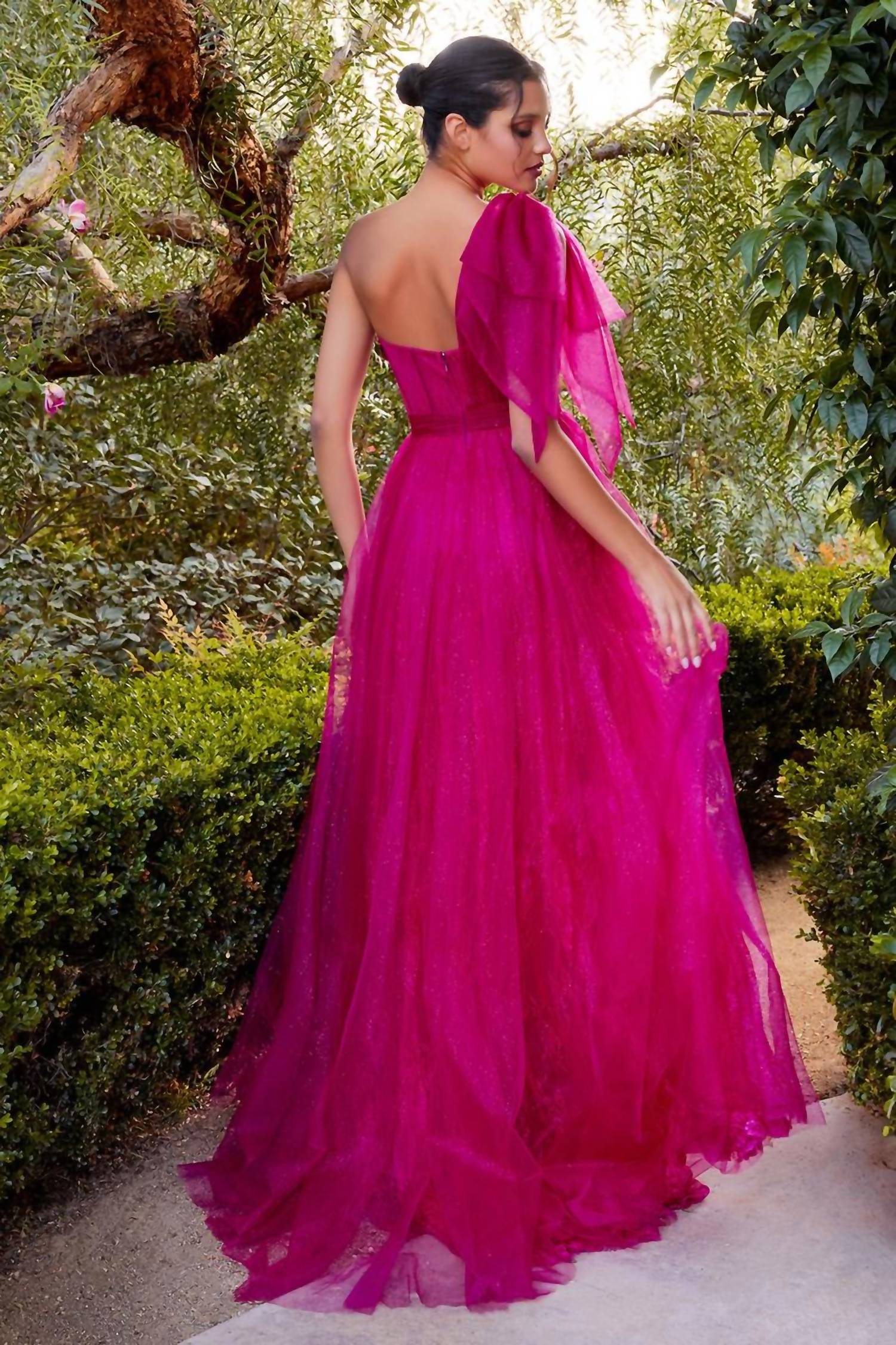 Ladivine One Shoulder Chantilly Lace Gown in magenta - women's dress - alternate view