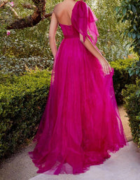 Ladivine One Shoulder Chantilly Lace Gown in magenta - women's dress - detail view