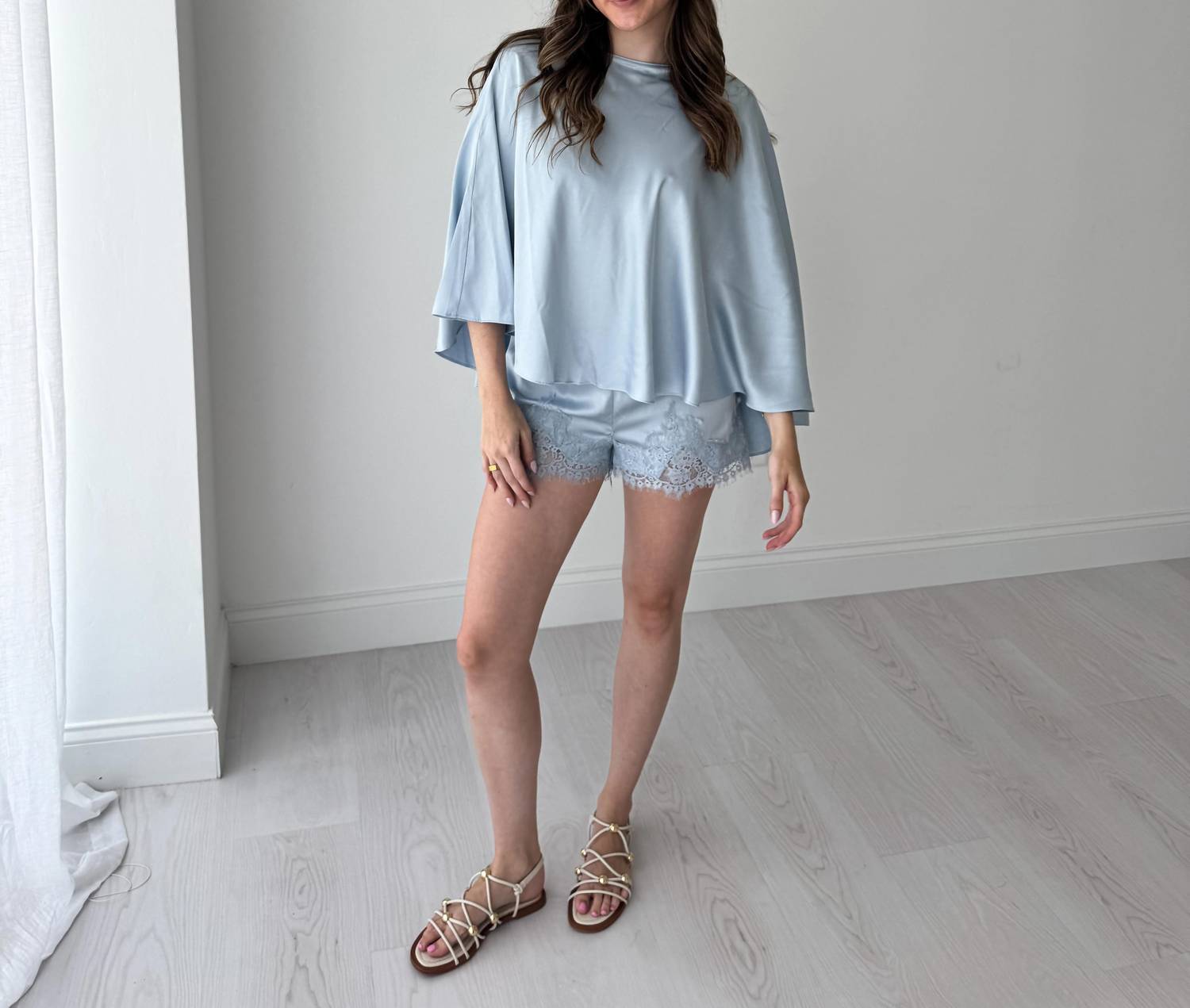 Loucia - Draped Poncho and Lace-Trim Short Set