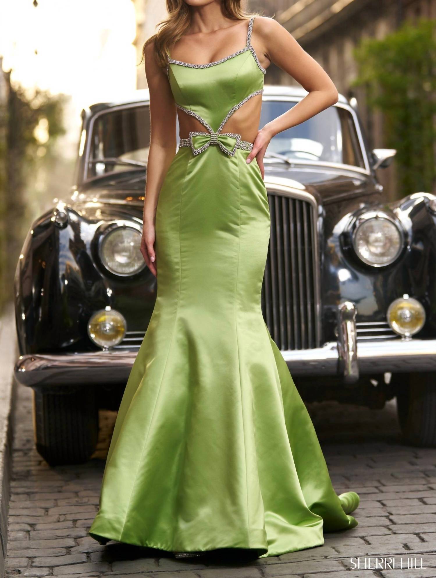 Sherri Hill Embellished Bodice Cutout Dress in chartreuse - women's dress - detail view
